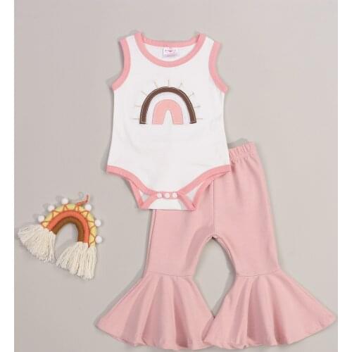2Pcs Baby Girl Clothes Summer Outfits Rainbow Embroidery Sleeveless Romper Flared Trousers for Toddler Girls 0-24 Months