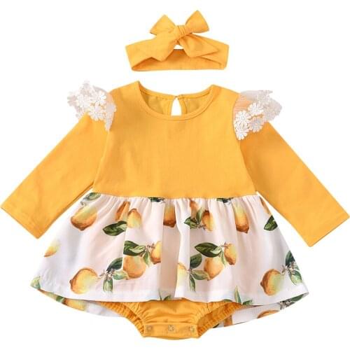 Baby Girls Clothes Set, Toddler Lemon Print Jumpsuit with Buttons +Solid Color Headband for Spring, Fall 2021 New Arrivals