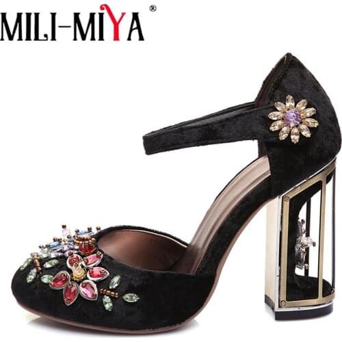 MILI-MIYA Colored Rhinestone 10cm Openwork High Heels Pumps Summer Round Toe Handmade Wedding Woman Fashion Party Shoes Big Size