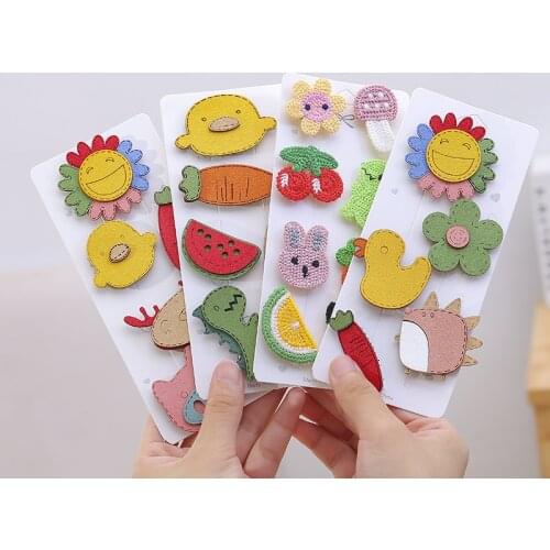 Cute Children Girls PU Leather Knitting Wool Flower Fruit Cartoon Hair Velcro Set Colorful Hair Clips Sweet Hair Accessories
