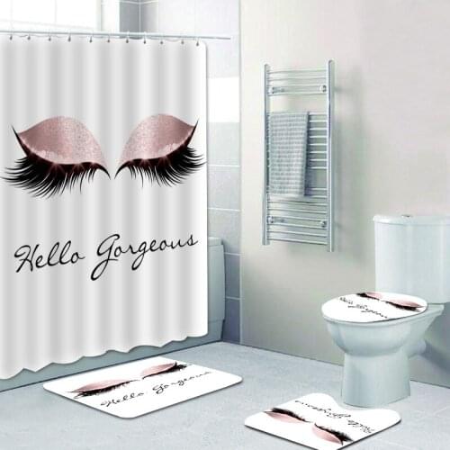 Trendy Rose Gold Eyelash Shower Curtain Set Bathroom Curtain with Bath Mat Rug Carpet for Toilet Glitter Hello Gorgeous Decor