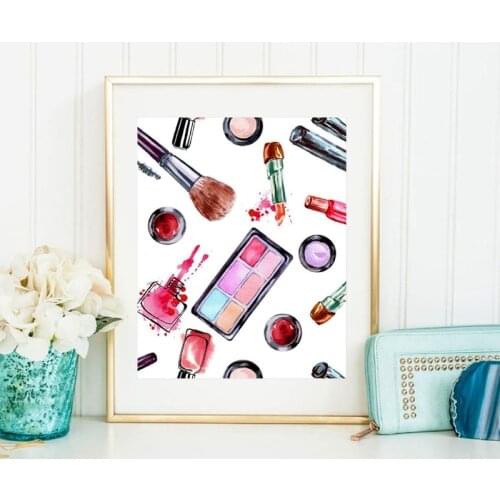 Fashion Makeup Cosmetic Print Girls Gift Perfume Lipstick Poster Watercolor Fashion Wall Art Canvas Painting Beauty Room Decor