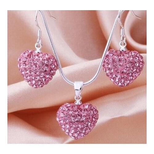 Fg5dval Fashion Pink Heart Pedant Necklace earring set lot Ball Bead JEWELLRY crystal crystal