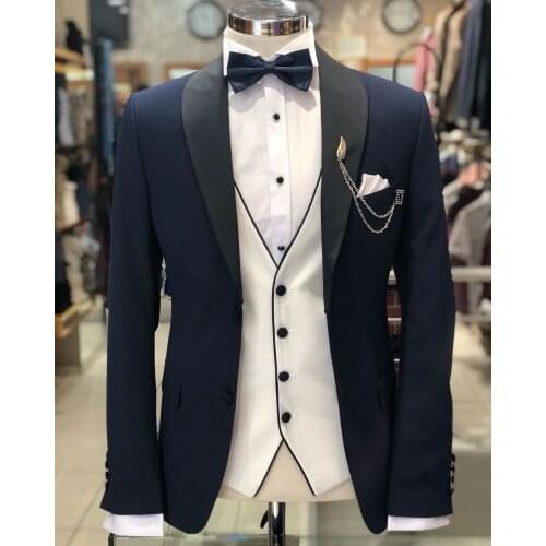 New Style Groomsmen Navy Blue/Ivory Groom Tuxedos Shawl Lapel Men Suits Wedding Best Man 3 Pieces ( Jacket+Pants+Vest+Tie ) C871