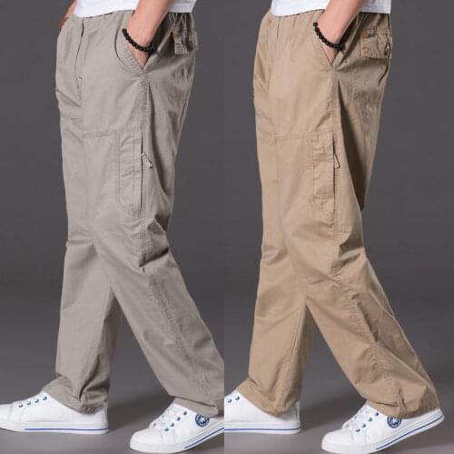 Autumn Mens Middle-aged and Elderly Mens Pants Leisure Multi Pocket Overalls Elastic Waist Loose Large Cotton Plus Fat