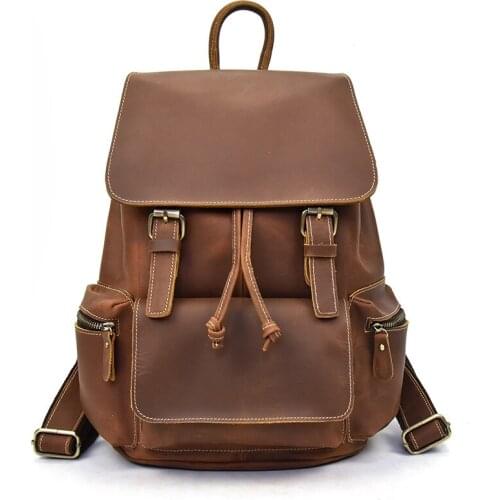 Dropship High Quality Vintage Cow Leather Backpacks for Teenagers Large Capacity Strings Daypacks 14" Laptop Student Rucksacks