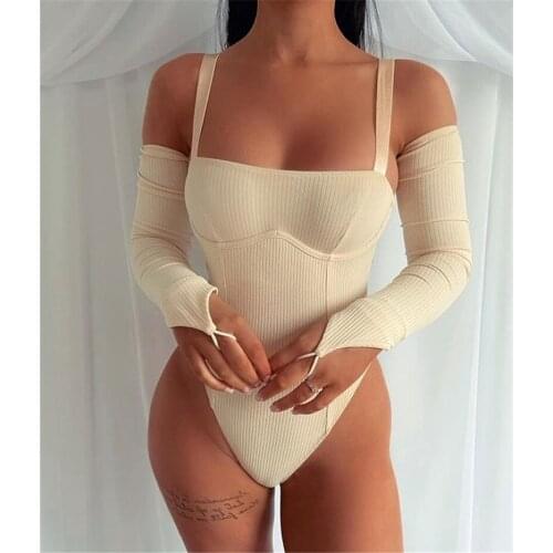 Push Up Backless One Piece Bodysuit Long Sleeve Sexy Slash Neck Playsuits Women Ribbed Grey Khaki Romper 2021 Summer Outfits