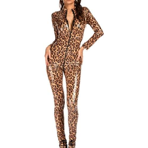 Plus Size Women Leopard Jumpsuits PVC Faux Leather Zipper Open Crotch Latex Bodysuit Erotic Lingerie Playsuit Elastic One-piece