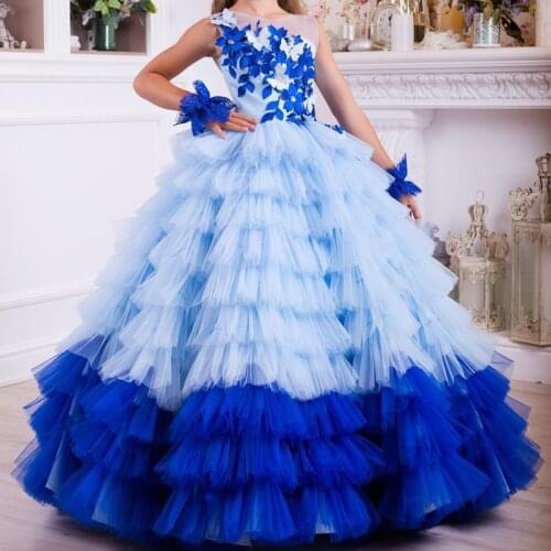 Luxury Lace Appliqued Tiered Flower Girl Dresses Vintage 3D Flowers Girl Formal Party Birthday Gowns