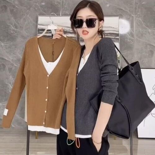 Summer korean fashion Knitted Women V-neck Vintage T-Shirts Fake Two Piece Three Quarter Sleeve Loose 2021 New Casual Femme Tops