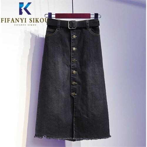 Summer Women Black Denim Skirt Loose Plus Size Fashion High waist Midi Long Skirt Lady Single Breasted Loose A-Line Jeans Skirts
