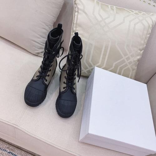 Womens Boots New Fashion Motorcycle Boots Genuine Leather Martin Boots Lace-Up Ankle Boots Stretch Fabric Boots Brands Shoes