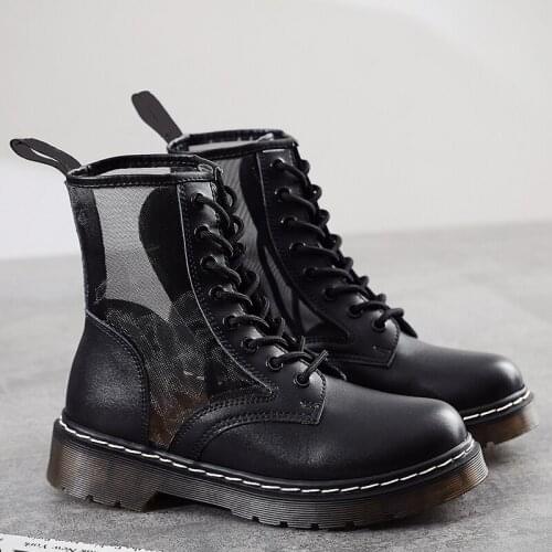 Women Boots Black Mesh Boots Fashion Breathable Black Mesh Boots 2021 Punk Gothic Flat Platform Hollow Out Boots Botas Mujer