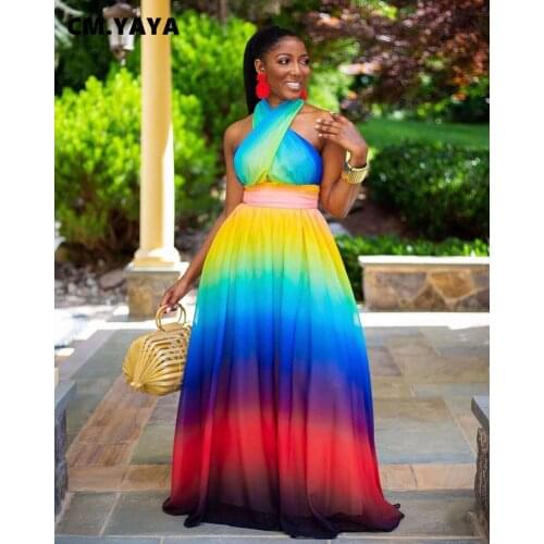 CM.YAYA Women Rainbow Striped Halter Neck Open Back Beach Floor Length Maxi Dress Sexy Club Party Long Dresses 2021 Sping Winter