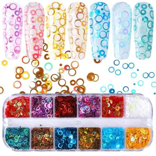 12 Grids Circle Shape Nail Glitter Flakes Sparkly 3D Sequins Rainbow Holo Flame Nail Art Paillettes Decorations Tips LA1617