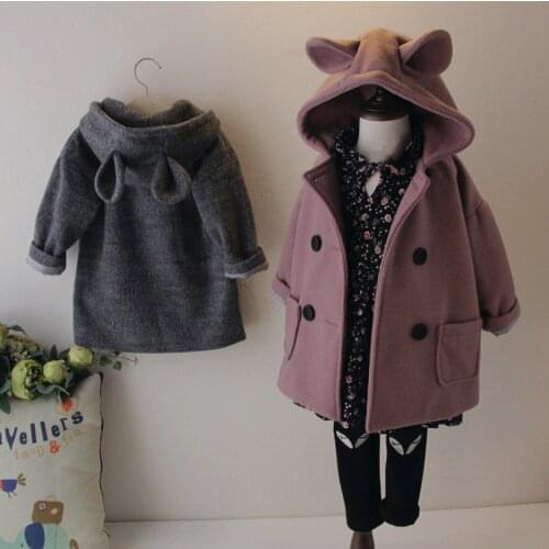 2020 Brand Children Winter Coat Jackets Cute Rabbit Ears Hooded Wool Coats For Girl Double-breasted Woolen Jacket Kids Outwear