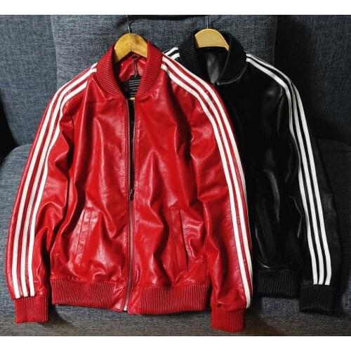 2020 New Mens Casual Genuine Leather Jacket Thread closure sleeves Sheepskin Black/Red Baseball Jackets Plue Size M-4XL