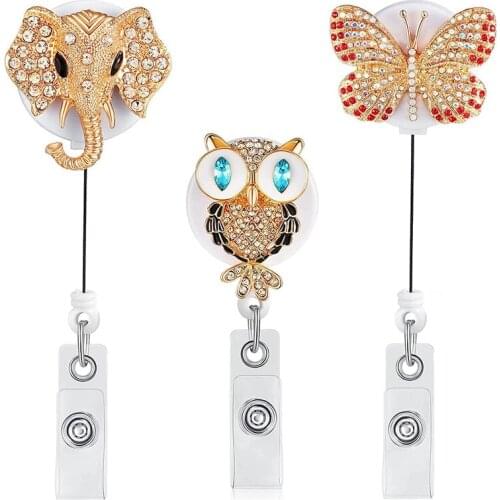 3 Pieces Rhinestone Badge Reels Retractable Name Tag Badge Holders with Alligator Clip (Elephant, Butterfly, Owl)