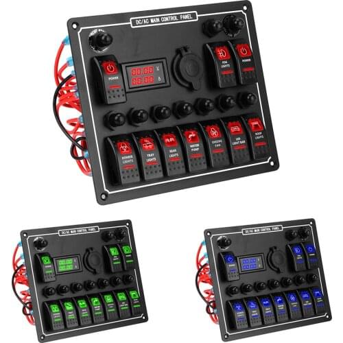 10 Gang LED AC/DC Rocker Switch Panel 15A DC Output Car Auto Marine Dual Power Control Waterproof Overload Protection