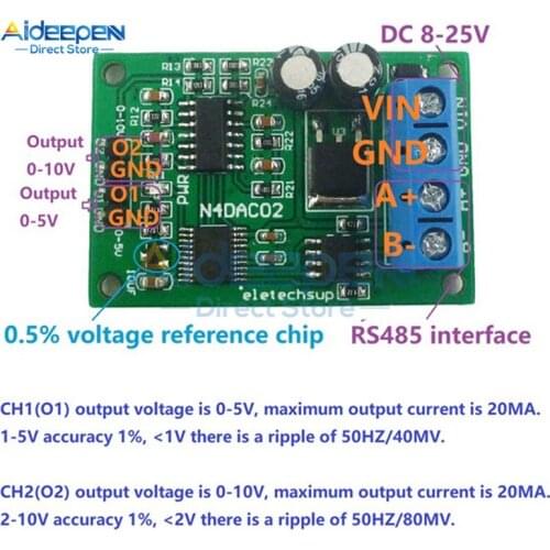 DC 12V 2 Channels DAC Module 0-5V 0-10V PWM DAC to Voltage Analog Converter RS485 Modbus RTU Board