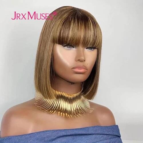 Highlight Silky Straight Full Machine Made Human Hair Wigs With Bangs Pixie Cut Straight Bob Brazilian Remy Hair For Black Women