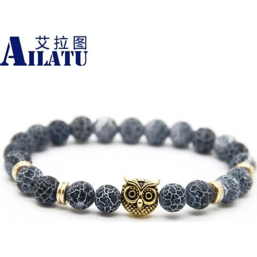 Ailatu Animal Shapes Owl Bracelets For Gift Jewelery With 8mm Weathering Onyx Stone Fashion Mens Elastic Bead Jewelry