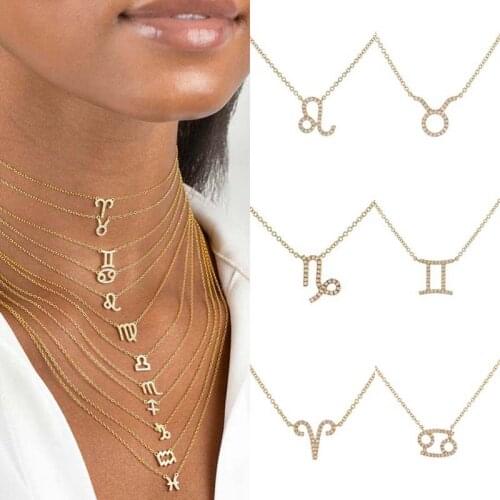 CRMYA Cubic Zirconia Charm Chain Pendants 12 Zodiac Constellation Necklace Silver Gold Plated Fashion Jewelry For Womdn and Men