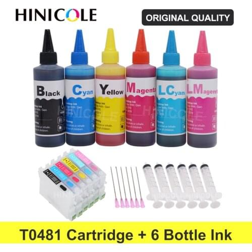 HINICOLE T0481 - T0486 XL Printer Ink Cartridge + 600ml Bottle Ink Refill Kit For Epson Stylus Photo R200 R220 R300 R300M R320