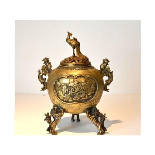 Elaborate Chinese Antique Imitation Brass Dragon Phoenix and Flowers Incense Burner