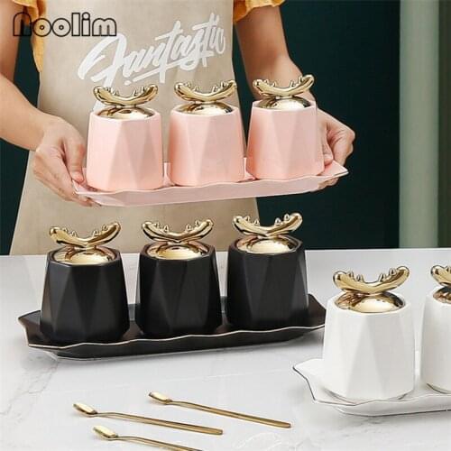 Ceramic Spice Jars with Spoon and Lid Set Kitchen Sugar Bowl Salt Pepper Shakers Seasoning Tank Tray Condiment Storage Boxes