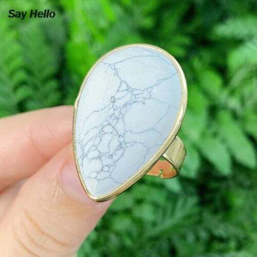 SAY HELLO Boho 3*2cm Natural Stone White Turquoises Rings for Women Water-droped Rings Adjustable Size Jewelry Gifts Ringe K5769