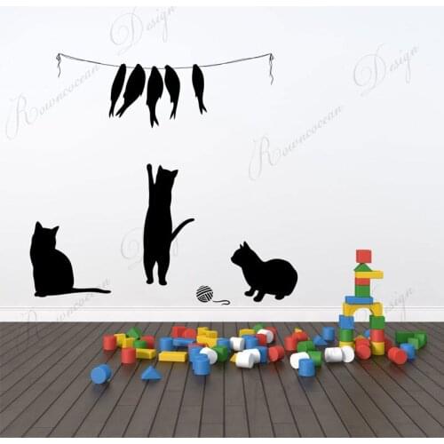 Cute Cats With Fish Wall Sticker Vinyl Home Decor For Kids Room Boys Girls Bedroom Playroom Decals Fun Pet Wallpaper Murals 4308