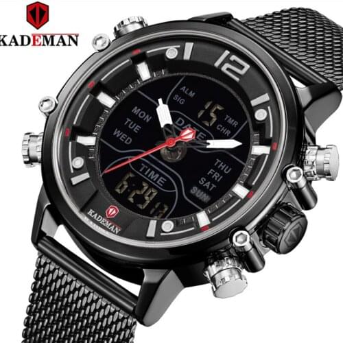 Mens Dual Display Electronic Watch Waterproof Luminous Alarm Clock Watch Student Mesh Band Quartz watch Military Watch