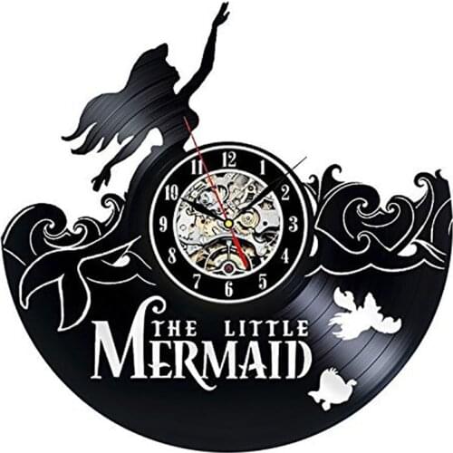 12" Vinyl Record Wall Clock Little Mermaid Style Clocks for Living Room Silent Vintage CD Hanging Clock