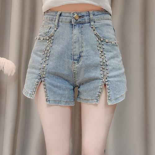 2020 Summer New Heavy Industry Pearl Tassel Crystal Horn Slim High Waist Jeans Womens Short Short Fashion Harajuku Shorts Women