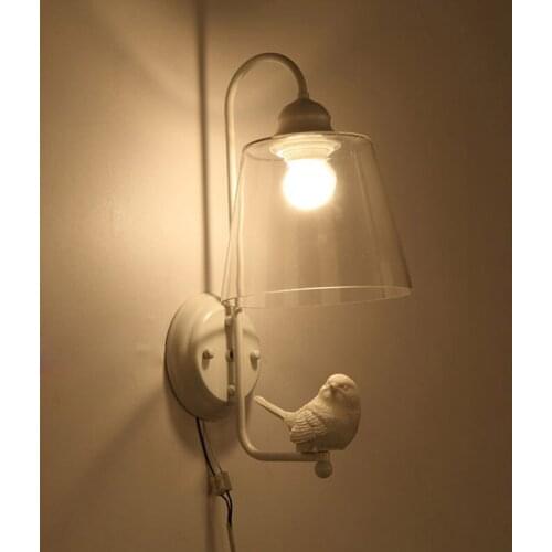 New Modern White Wall Lamp Clear Glass Lampshade Sconce Bedroom Stair Loft Light Resin Bird Home Decor Lighting E27 110-240V