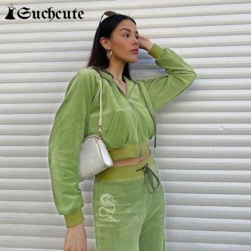 SUCHCUTE Women Casual Velvet Coat Long Sleeve Green Top Rhinestone Printed Pocket Korean Winter Hooded Hoodies Zipper Sweatshirt