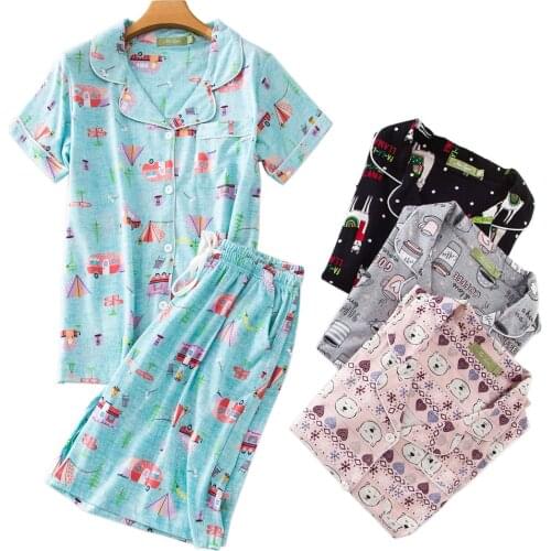 Plus size 100kg short pajamas sets women Cute cartoon 100% knit cotton ladies pyjamas casual sleepwear women summer Hot SALE