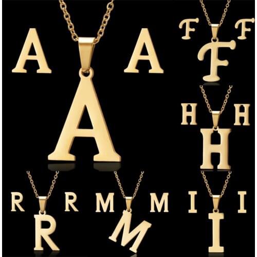 Rinhoo Stainless Steel Initial Letters Necklace for Women Alphabet Name Pendant Necklace Earrings Jewelry Set Women Friends Gift