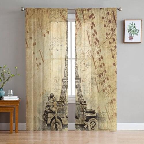 Retro Paris Tower Musical Notes Sheer Curtains for Living Room Bedroom Kitchen Tulle for Windows Voile Drapes Home Decoration