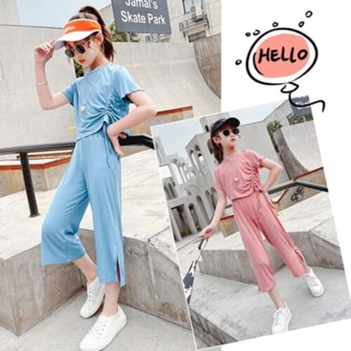 Kids Summer Clothes Solid Color Suit for Girls Shirt Solid Color Top + Pants 2pcs Tracksuits for Teenage 4 8 10 12 Year Clothes