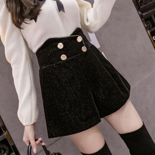 Spring Fall Korean Style Fashion Womens Laides High Waisted Double Breasted Velvet Shorts , Woman Wide Leg Velour Shorts
