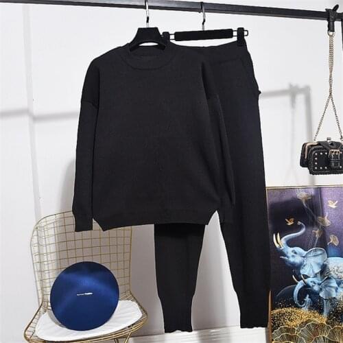 Spring Autumn Black Knitted Tracksuit Women Set Long sleeve Sweater Casual Pants Two Piece Set Female Loose Pullover Trouser 2pc