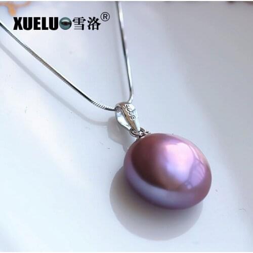 XUELUO 925 Sterling Silver High Quality 14-15mm Natural Shiny Purple Coin Baroque Freshwater Pearl Pendant Necklace for lady