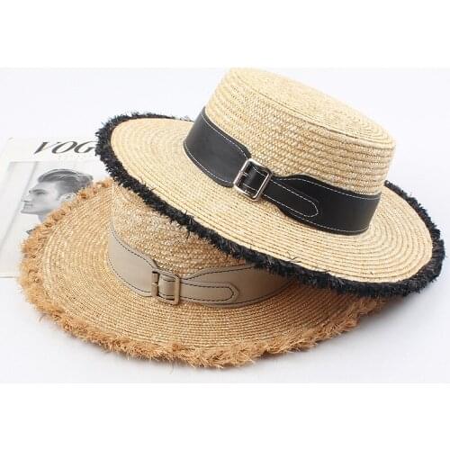 2020 hat spring and summer womens European style burr belt color matching flat top hat sun shading beach travel straw straw hat