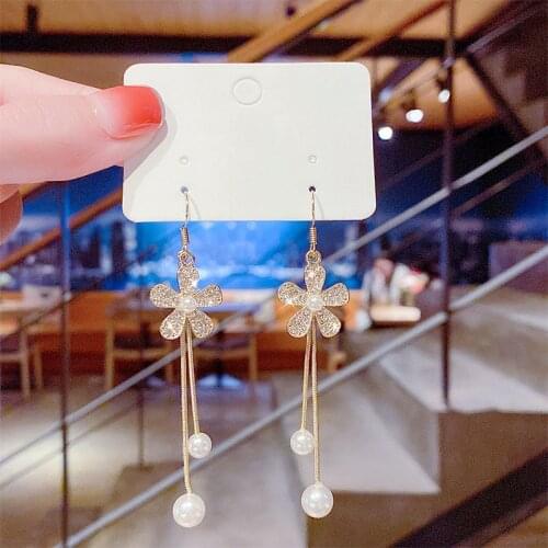 2021 New Years Fashion Flower Pearl Earrings Korean Long Style Net Red Elegant Tassel Female Earrings