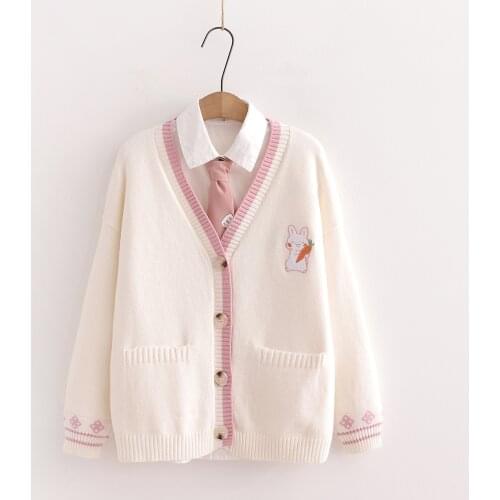 New Autumn Korean Mori Girl Sweet Lolita Cute Bunny Embroidery Knitted Sweater Japanese Women Long Sleeve Cardigan Coat Knitwear