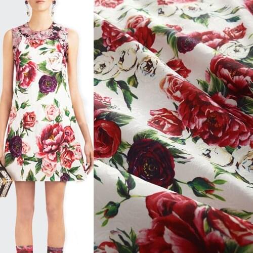145cm Width Fashion Peony Rose Flower Printed Thin Jacquard Fabric For Woman Dresses Coat DIY Cloth Sewing Material