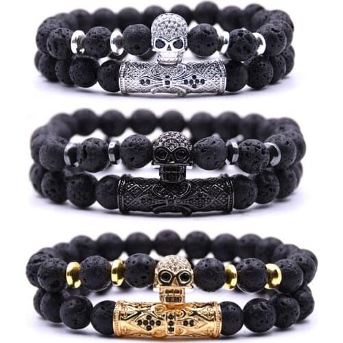 2018 Stylish2PCS/Set Black Lava Stone 8MM Sets Friend Bracelet for Women Men Micro Pave CZ Zirconia Skull Jewelry Gifts