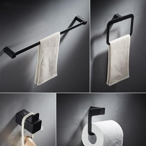 4pcs Bathroom Hardware Accessories Set Towel Bar Towle Ring Toilet Paper Holder Robe Hook Black Stainless Steel
